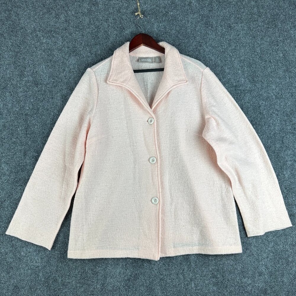 Chicos Sweater Womens XL Chicos 3 Pale Pink Knitted Wool Button Up Collared